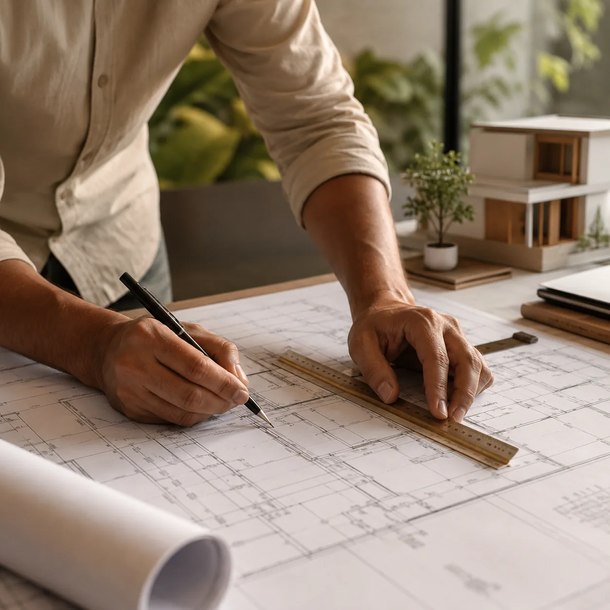 Architect working on Indian home blueprint